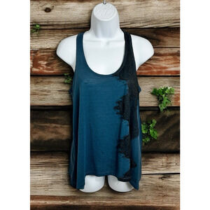 Weavers Dark Teal Black Lace Tank Top Sz Large Whimsy Goth Tee Sleeveless Blouse